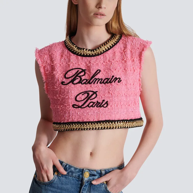 BALMAIN Logo embroidered Tweed Crop Top-3