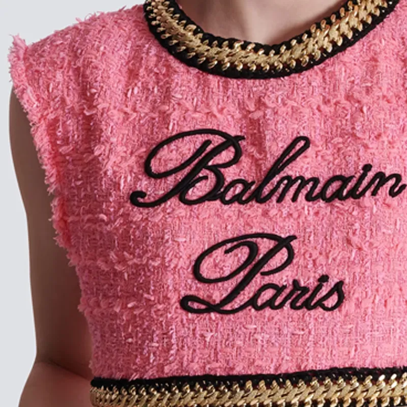 BALMAIN Logo embroidered Tweed Crop Top-5
