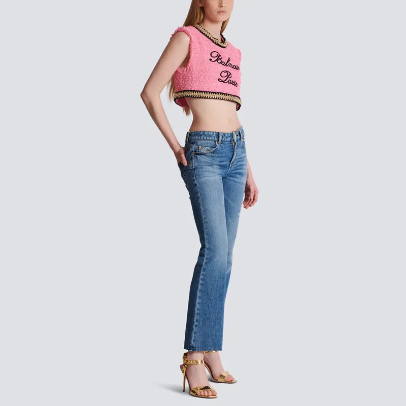 BALMAIN Logo embroidered Tweed Crop Top-2