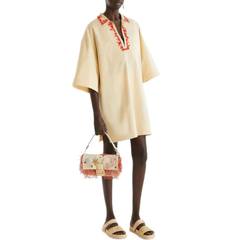 FENDI SS25 Short Sleeved Dress Women's Beige-2