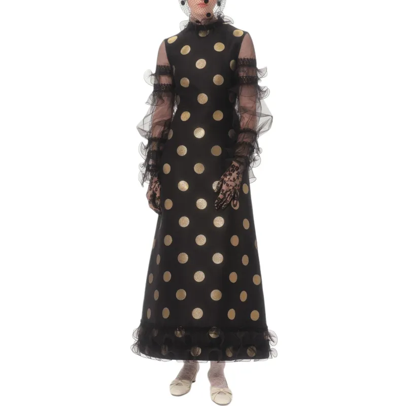Valentino Long Sleeved Dress Women's Black Gold-4
