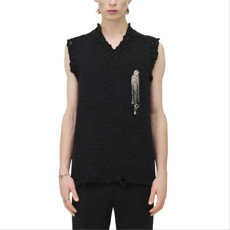 Alexander McQueen V Neck Distressed Embellished Knitted Top-4