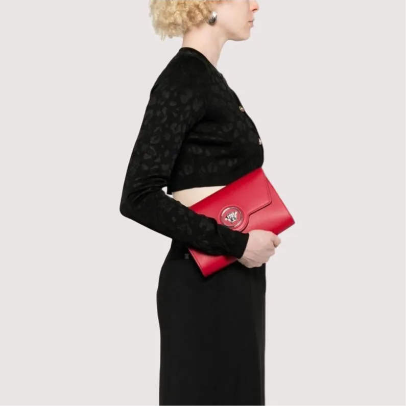 VERSACE Leather Shoulder Bag Women's Red-4