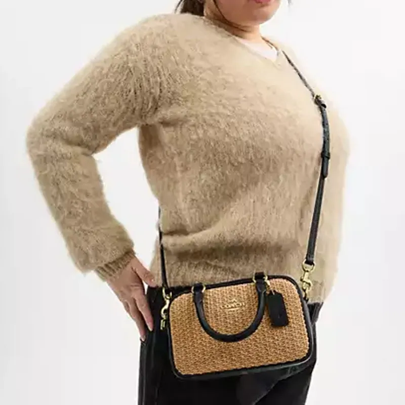 COACH SATCHEL Straw With Leather One Shoulder Handbag Trumpets Women's Brown & Black-5