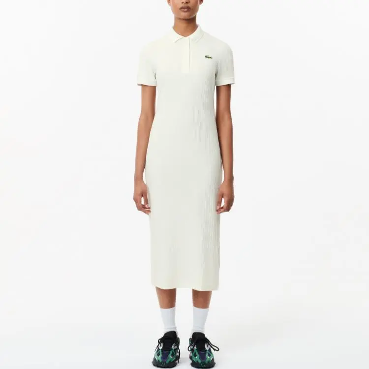LACOSTE Logo patch Ribbed Cotton Polo Dress-1