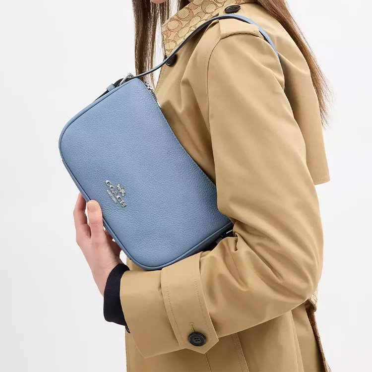 COACH Leather Shoulder Bag Medium Size Women's Blue-3