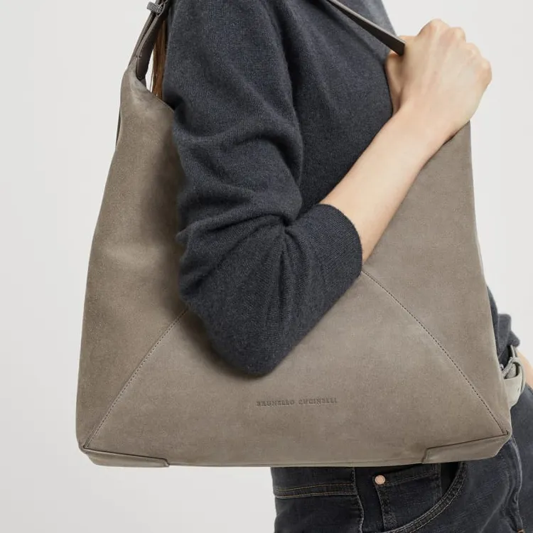 Brunello Cucinelli Suede Calfskin Water Dumpling Bag, Handbag, Shoulder Bag Women's Dark Gray-4