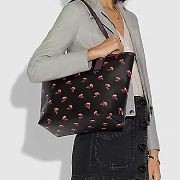 COACH City Zip Tote Leather Handbag Tubas Women's Black-3
