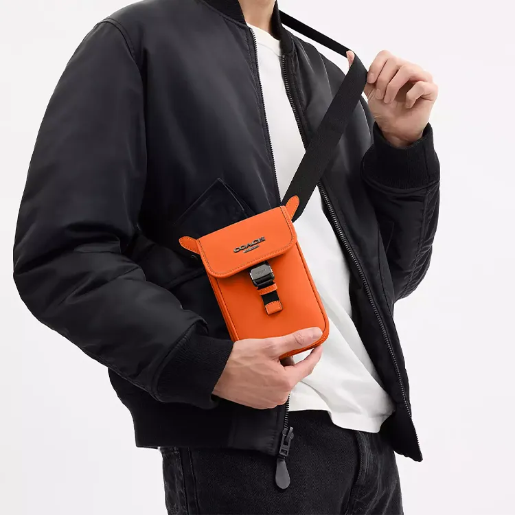 COACH RACER Calfskin Cell Phone Pouch, Shoulder Bag, Crossbody Bag Mini Men's Bronze & Spice Orange-3