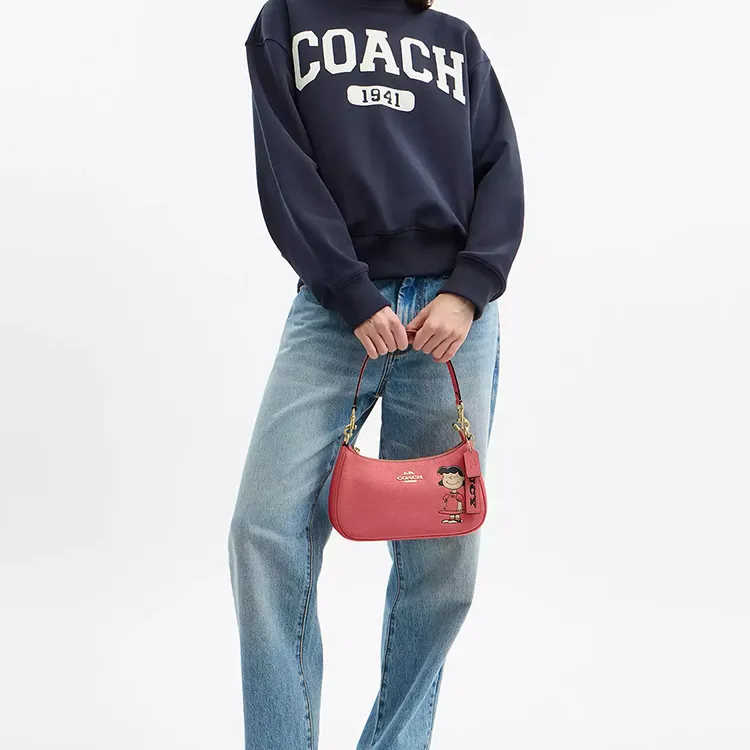 COACH PEANUTS Collaboration Teri Leather Crossbody Handbag, Shoulder Bag Medium Size Women's Coral Red-4