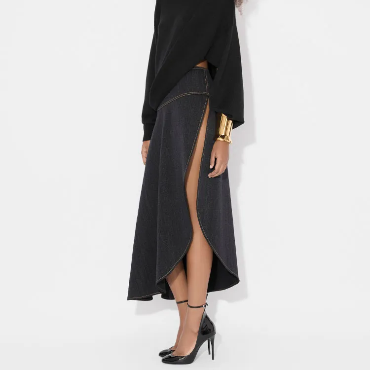 Alaia Denim Long Skirt Women's Dark Blue-3