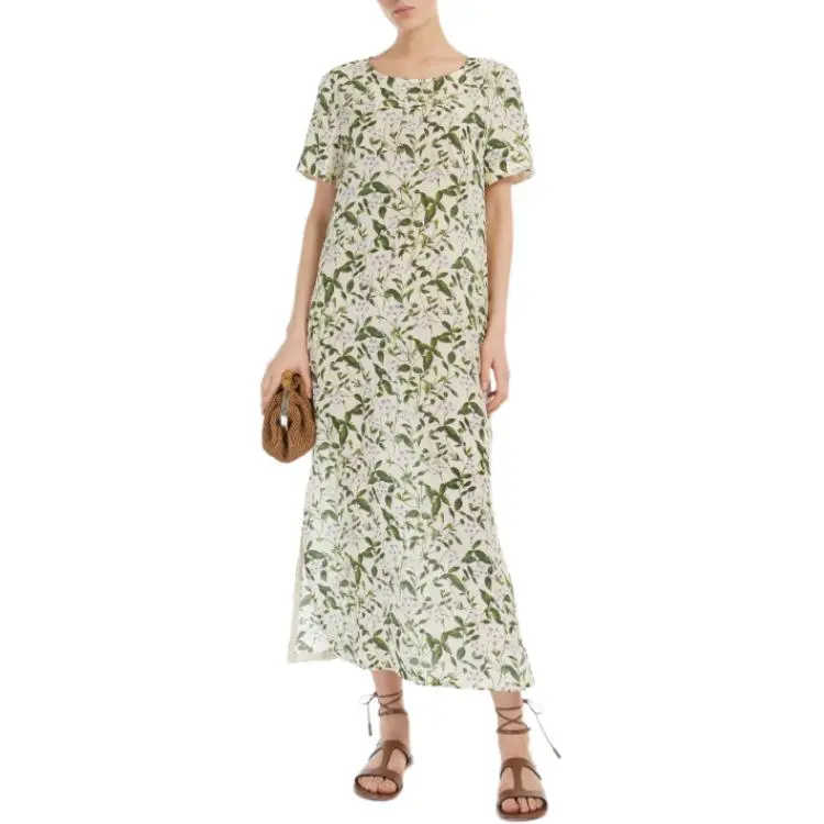 WEEKEND MaxMara Giudy Collection Long Printed Silk Dress Short Sleeved Dresses Women's Light Green-3