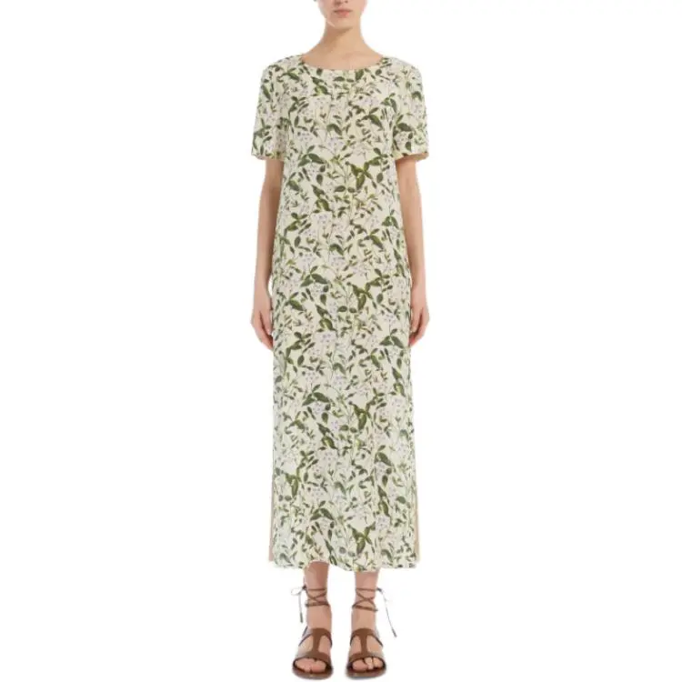 WEEKEND MaxMara Giudy Collection Long Printed Silk Dress Short Sleeved Dresses Women's Light Green-1