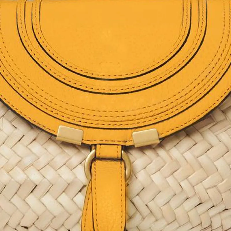 Chloe Marcie Straw Woven With Cow Leather Baskets Bag, Crossbody Bag, Shoulder Bag Small Size Women's Beige/Yellow-2