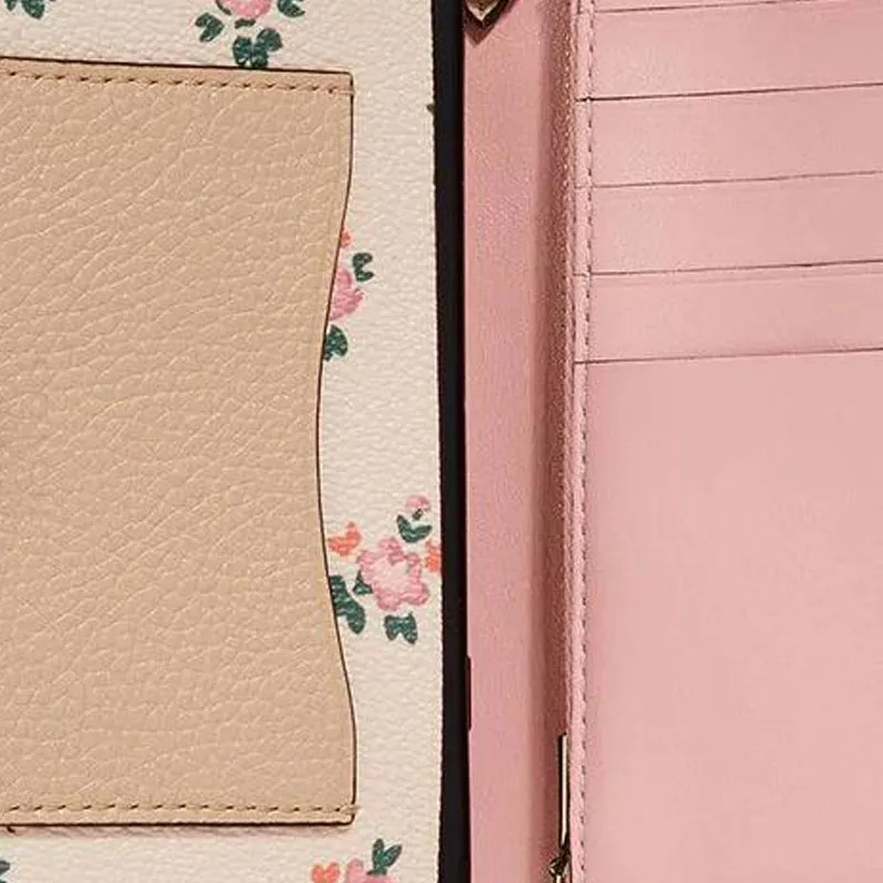 COACH Coated Canvas With Leather Coin Pocket Wallet Cell Phone Pouch Trumpets Women's Apricot With Floral-3