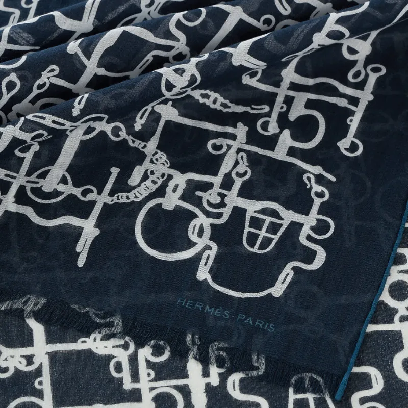HERMES 100% 100% Cotton Knit Scarves Unisex Ocean Blue-1