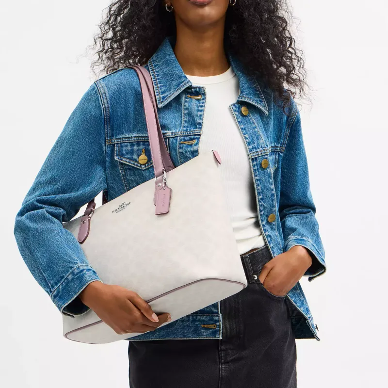 COACH GallerySignature Coated Canvas Tote Bag, Shopping Bag, Shoulder Bag Tubas Women's White & Pink-4