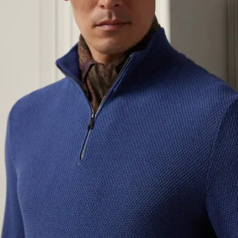 Polo Ralph Lauren SS24 Textured Silk-Cotton Quarter-Zip Sweater Sweater Men's Blue-4