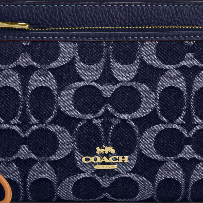 COACH Double Zip Wallet Denim With Leather Wallet Trumpets Women's Dark Blue-3