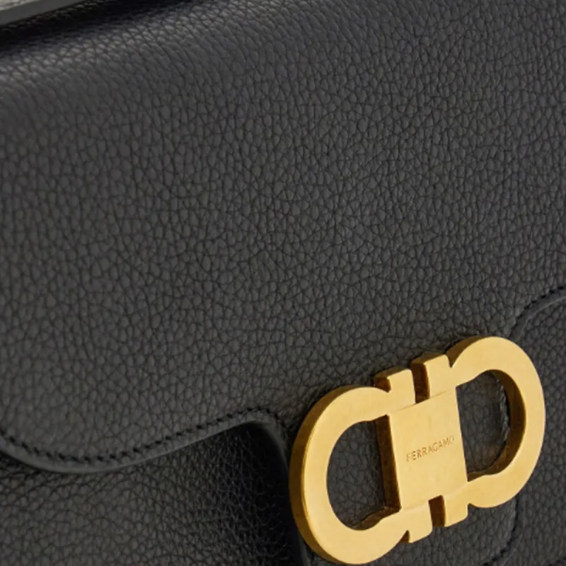 FERRAGAMO GANCINI Cow Leather Shoulder Bag Mini Women's Black-4