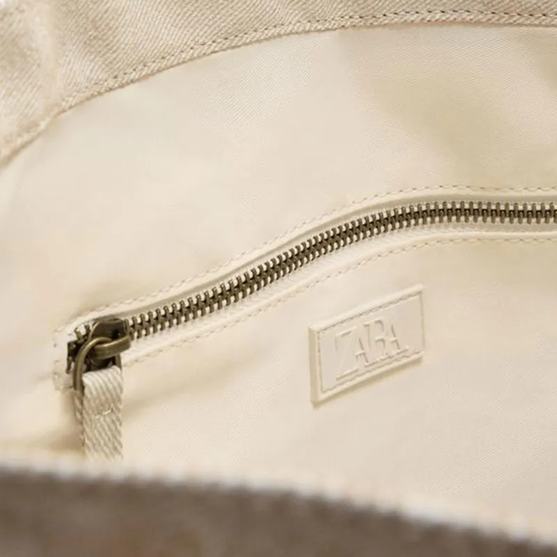 ZARA Cotton Tote Bag, Shopping Bag, Handbag Unisex White-3