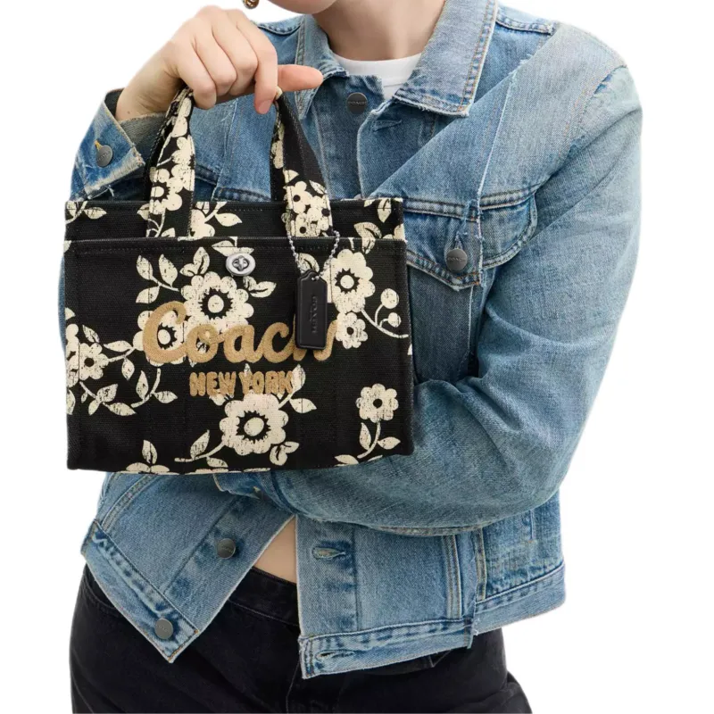 COACH Cargo Cotton Tote Bag, Shopping Bag, Shoulder Bag, Crossbody Bag, Handbag Medium Size Women's Silver & Black-7