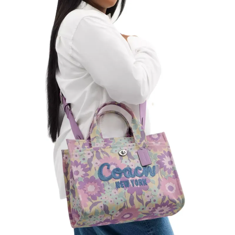COACH Cargo Cotton Tote Bag, Shopping Bag, Shoulder Bag, Crossbody Bag, Handbag Women's Silver & Ivory Purple-6