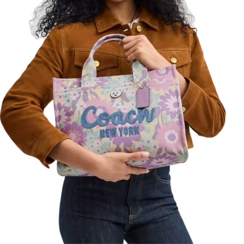 COACH Cargo Cotton Tote Bag, Shopping Bag, Shoulder Bag, Crossbody Bag, Handbag Women's Silver & Ivory Purple-8