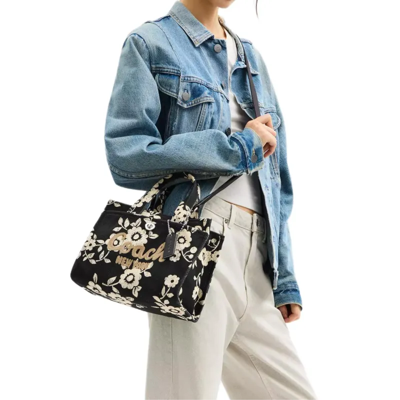 COACH Cargo Cotton Tote Bag, Shopping Bag, Shoulder Bag, Crossbody Bag, Handbag Medium Size Women's Silver & Black-6