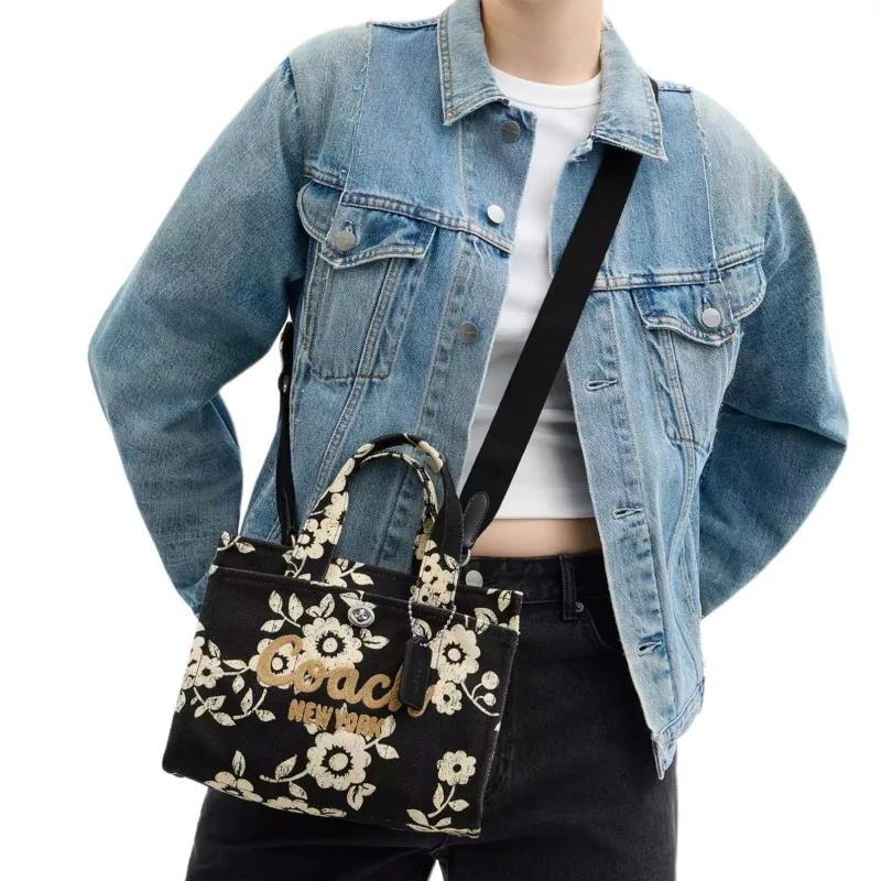 COACH Cargo Cotton Tote Bag, Shopping Bag, Shoulder Bag, Crossbody Bag, Handbag Medium Size Women's Silver & Black-5