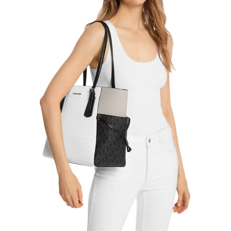 MICHAEL KORS Voyager Coated Canvas Tote Bag, Shopping Bag, Shoulder Bag Tubas Women's Black & Ecru-3