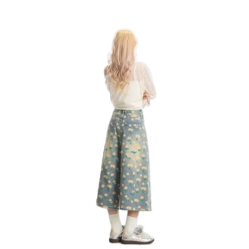 T IRA Denim Shorts Unisex Floral Blue-1